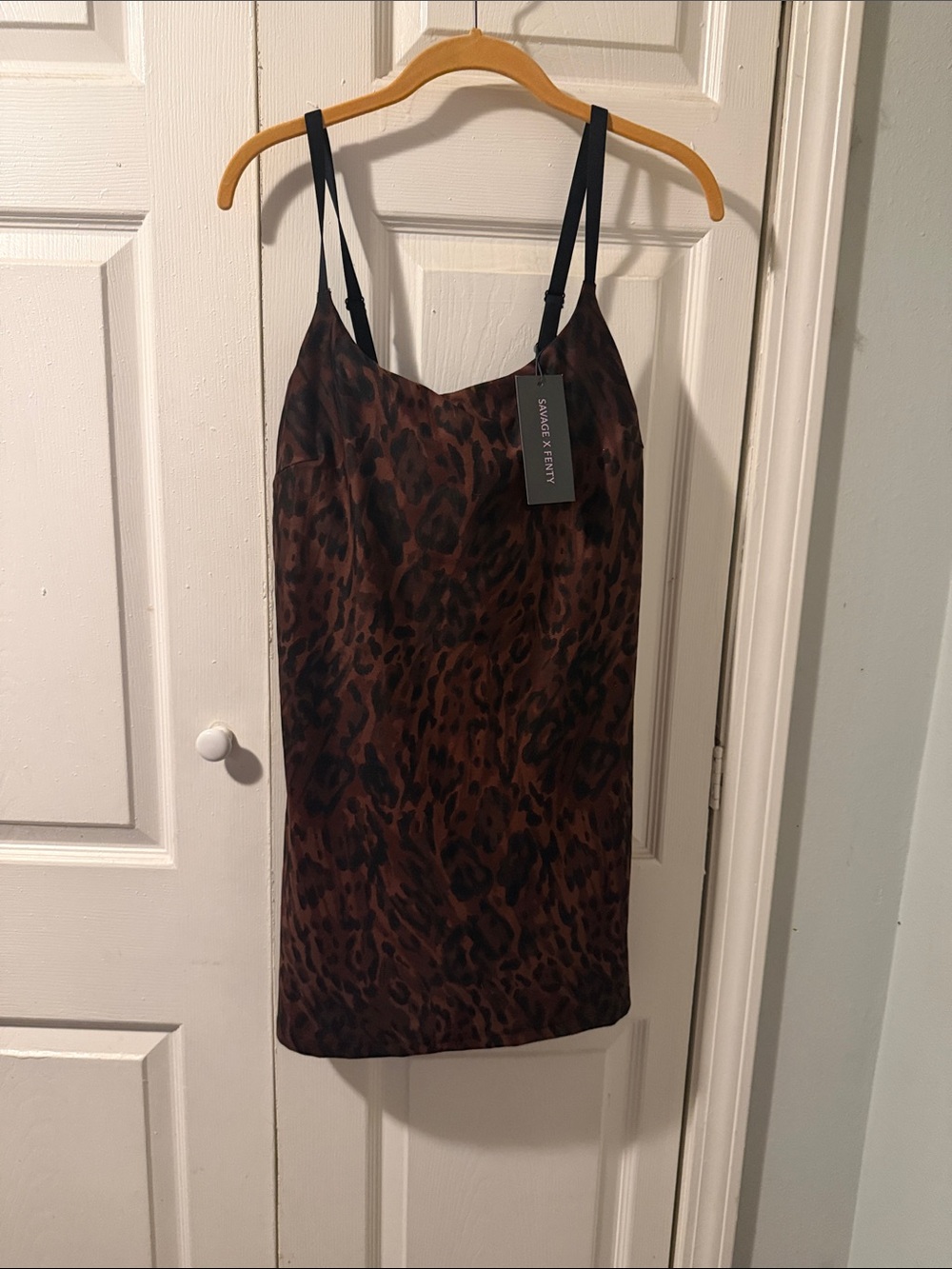 Savage X Fenty Brown Leopard Slip Dress with Black Straps